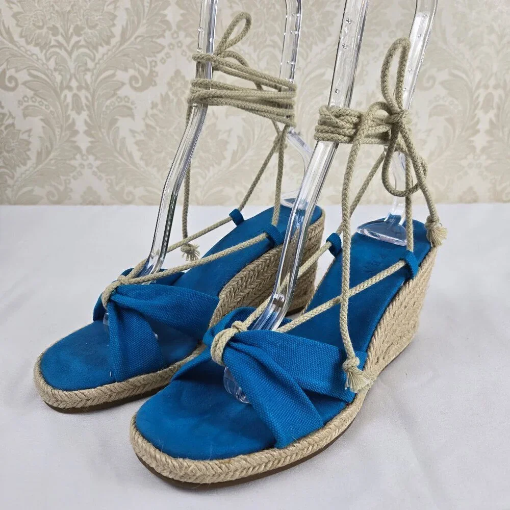 Lauren Ralph Lauren Sz 8B Amelie Turquoise Lace Up Esdaprille Sandal Wedge Heel
